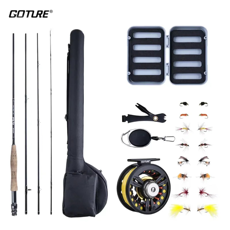 Goture vara de pesca com mosca combo 5/6 7/8 9ft fibra de carbono vara com linha iscas carretel para truta carpa equipamento de pesca com tubo de pvc