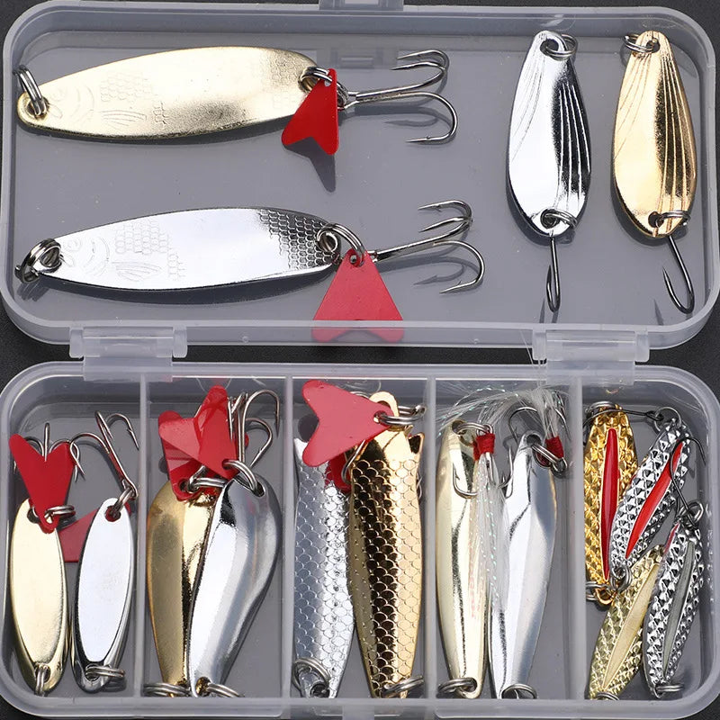 Kit de isca de pesca, 16 peças, conjunto de isca de pesca, colher de metal para baixo, pique, manivela, acessórios com caixa, kit wobblers