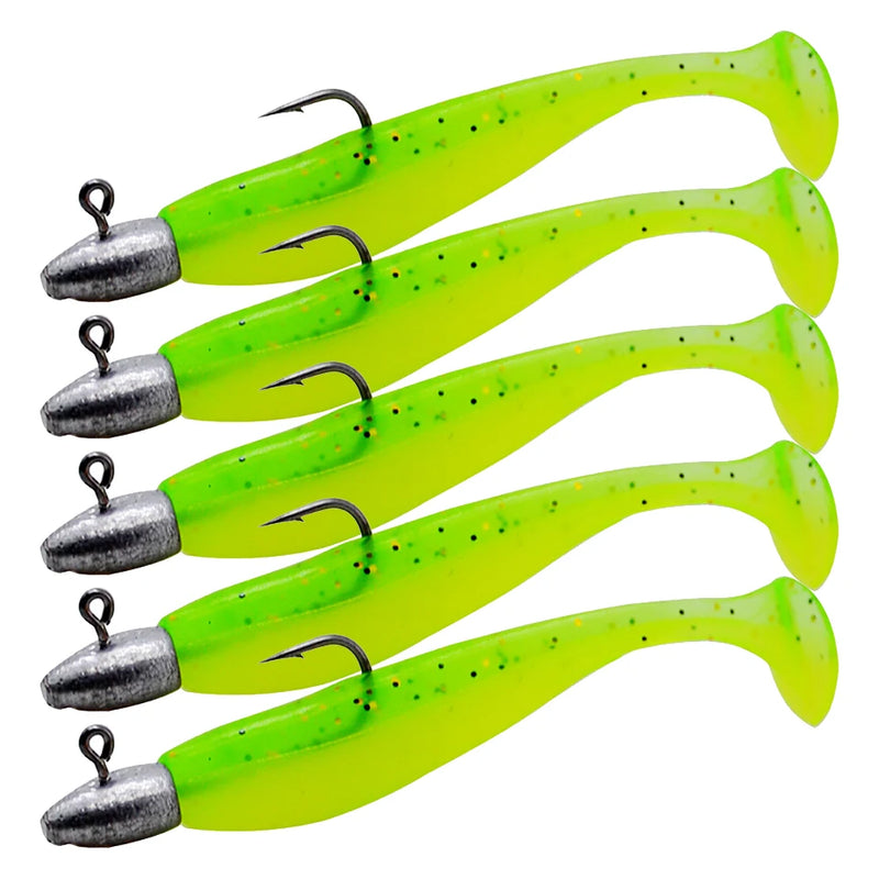 5 pçs/lote t-tail isca de pesca macia combinada com ganchos de cabeça de gabarito wobblers artificiais swimbait equipamentos de pesca para baixo pique pesca
