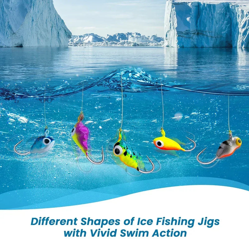 Goture gelo jigging iscas conjunto luminoso engrenagem de pesca no gelo baixo tipo de peixe jigs iscas vários estilos de iscas de inverno qualidade gabarito para ic