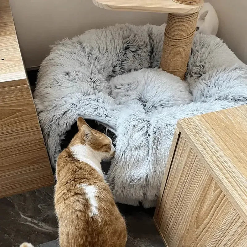 Cama de gato de pelúcia com túnel para gatos internos Cama de túnel de gato multifuncional com olho mágico Cama de gato de rosquinha fofa com túnel