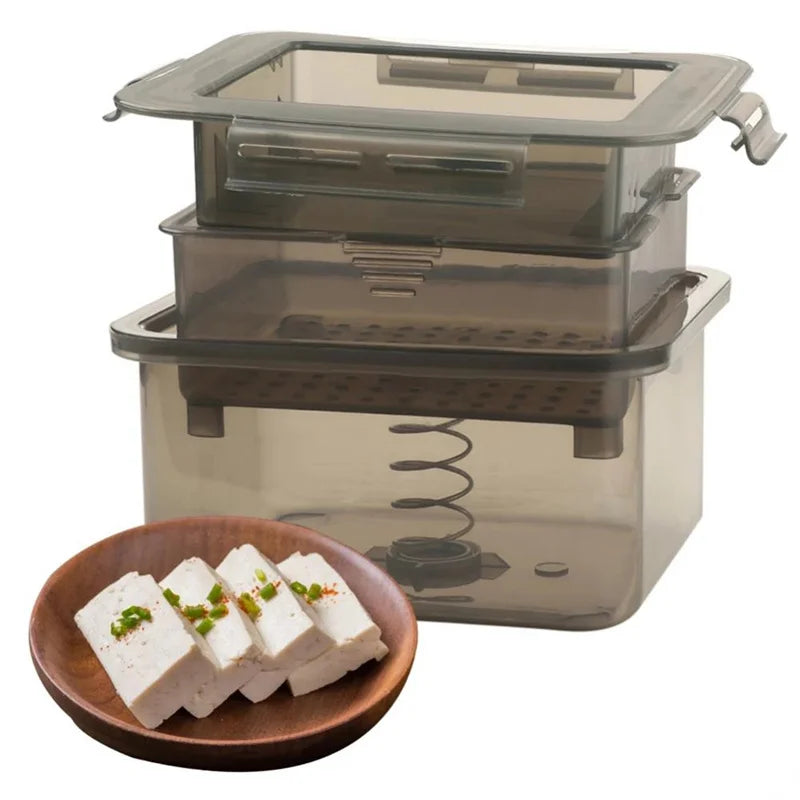 Prensa de tofu, molde seguro, remoção de água embutida, escorredor, aparelho de coalhada de soja, cozinha, 3 camadas, imprensa de tofu, molde