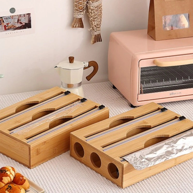 1pc dispensador de papel de cozinha com folha & caixa de cortador de filme aderente, suporte de corte de saco fresco de bambu, saco de lixo e saco de plástico de madeira st