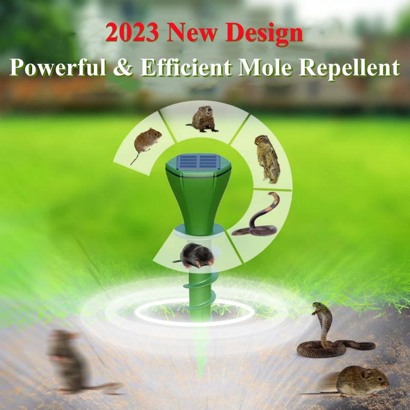 Poderoso e eficiente repelente de toupeira movido a energia solar com parafuso, repelente de gopher sônico para quintal de gramado, deterren de marmota ao ar livre