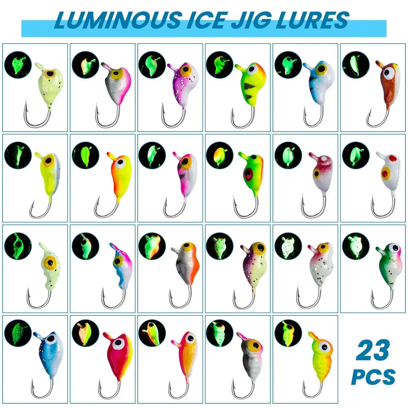 Goture gelo jigging iscas conjunto luminoso engrenagem de pesca no gelo baixo tipo de peixe jigs iscas vários estilos de iscas de inverno qualidade gabarito para ic