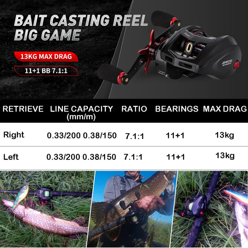 JOHNCOO Carretel de pesca MT200 Carretel de fundição de isca Big Game 13kg Max Drag Jigging Carretel de pesca 11 + 1 BB 7.1:1 Carretel de arremesso