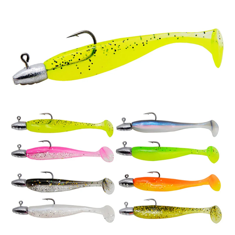 5 pçs/lote t-tail isca de pesca macia combinada com ganchos de cabeça de gabarito wobblers artificiais swimbait equipamentos de pesca para baixo pique pesca