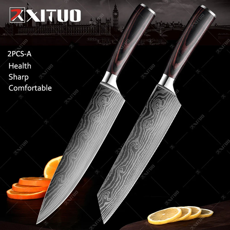 Conjunto de faca de cozinha premium afiada faca de chef japonesa faca santoku com padrão de damasco a laser cutelo de corte muito rápido 1-10 peças
