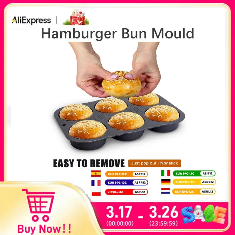 Molde de pão de hambúrguer de 6 cavidades Molde de pão reutilizável dobrável - 40 ℉   para +446 ℉   Molde de cozimento resistente ao calor para cozinha