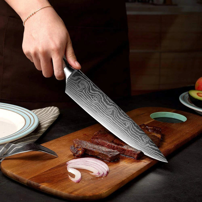 Conjunto de faca de cozinha premium afiada faca de chef japonesa faca santoku com padrão de damasco a laser cutelo de corte muito rápido 1-10 peças
