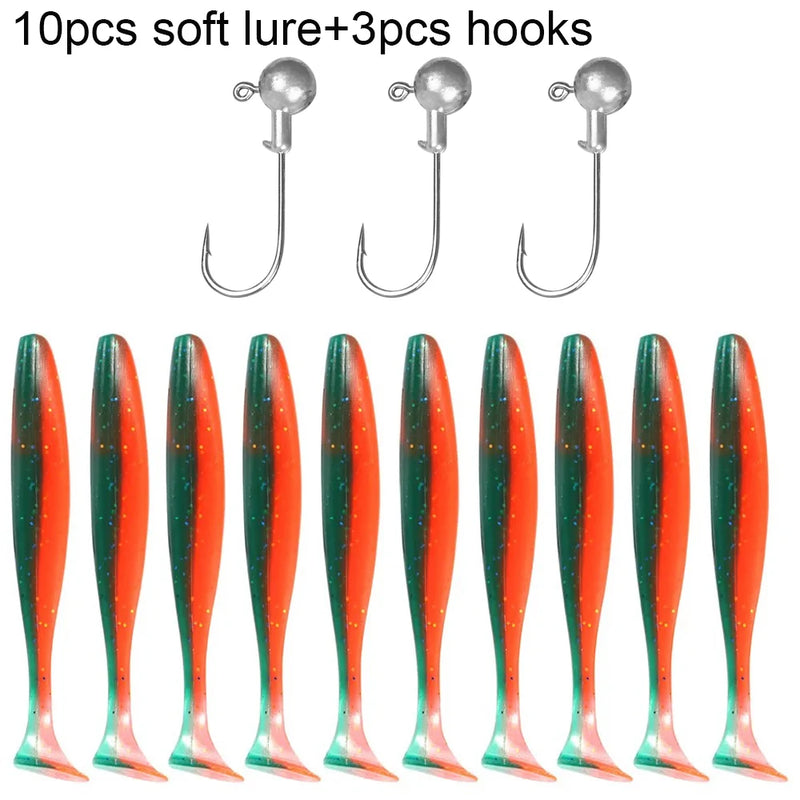 10 pçs isca macia 5.5cm 7cm 10cm t cauda worm 3 pçs jigging cabeça gancho 3g 5g 10g metal gabarito carpa pesca swimbait engrenagem kit isca