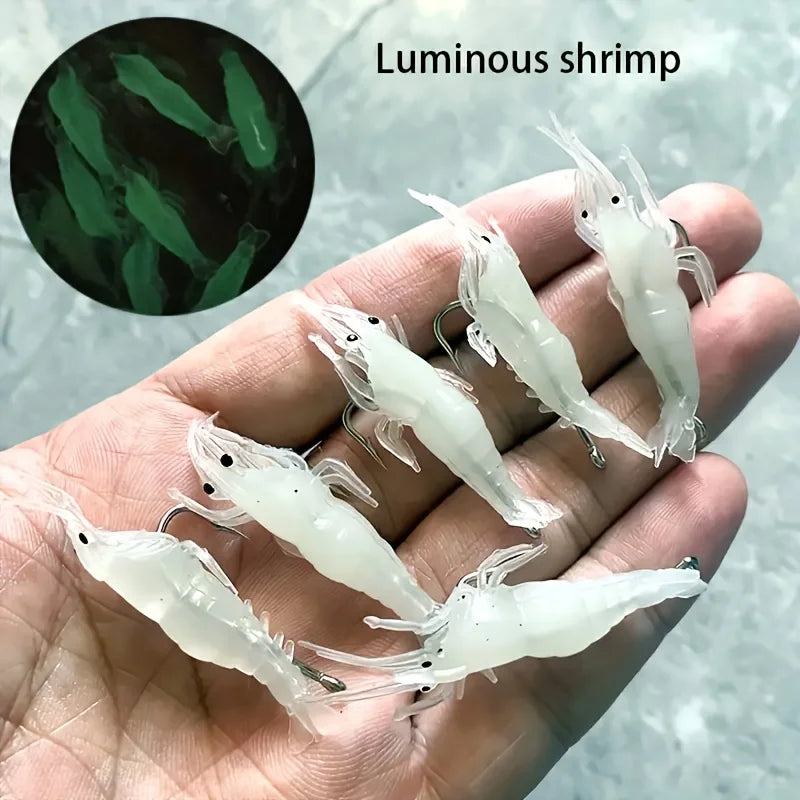 5/10/20 pçs goture camarão iscas de pesca de camarão macio para água doce água salgada luminosa camarão isca conjunto com gancho afiado grânulo