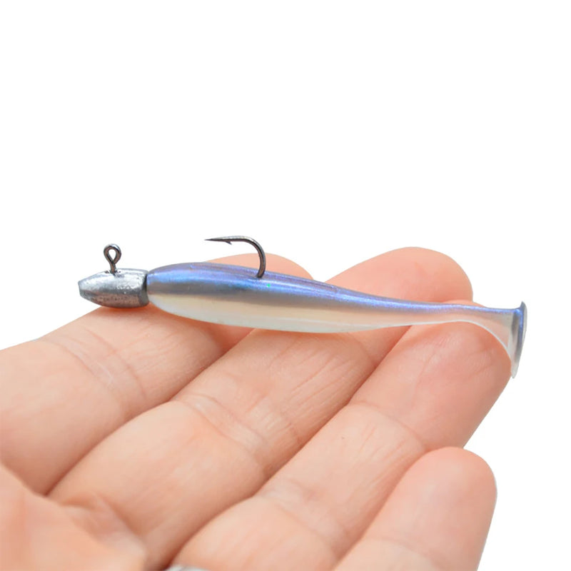 5 pçs/lote t-tail isca de pesca macia combinada com ganchos de cabeça de gabarito wobblers artificiais swimbait equipamentos de pesca para baixo pique pesca