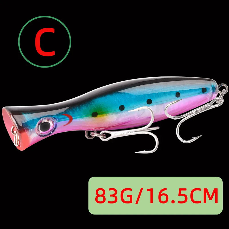 1pc 41g/83g grande popper flutuante wobbler iscas de pesca, topwater corrico artificial plástico duro isca, equipamento de pesca