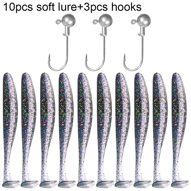 10 pçs isca macia 5.5cm 7cm 10cm t cauda worm 3 pçs jigging cabeça gancho 3g 5g 10g metal gabarito carpa pesca swimbait engrenagem kit isca