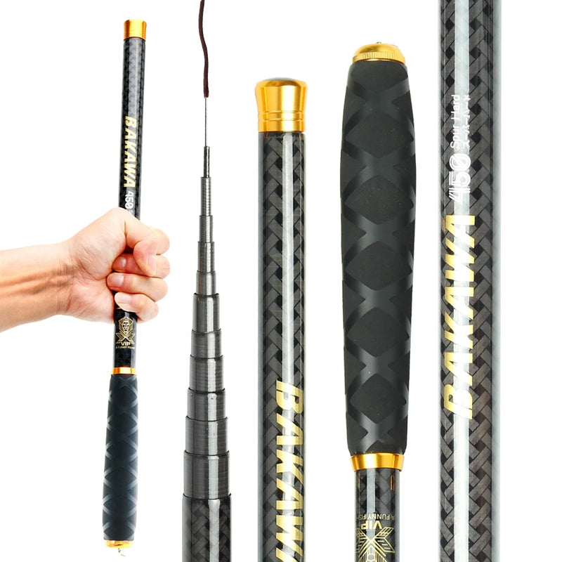 Bakawa fluxo telescópico vara de pesca alimentador de carpa fibra de carbono duro pesca 3.6m 4.5m 5.4m 6.3m 7.2m água doce mini alimentador de viagem