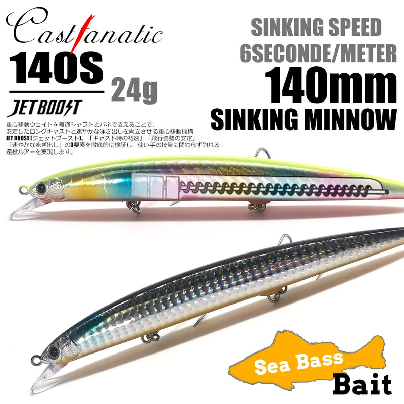 CASTFANATIC 24g 140mm Isca Minnow de Afundamento Lento AS140S Grandes Iscas Artificiais de Água Salgada Sea Bass Pike Fishing Frete Grátis