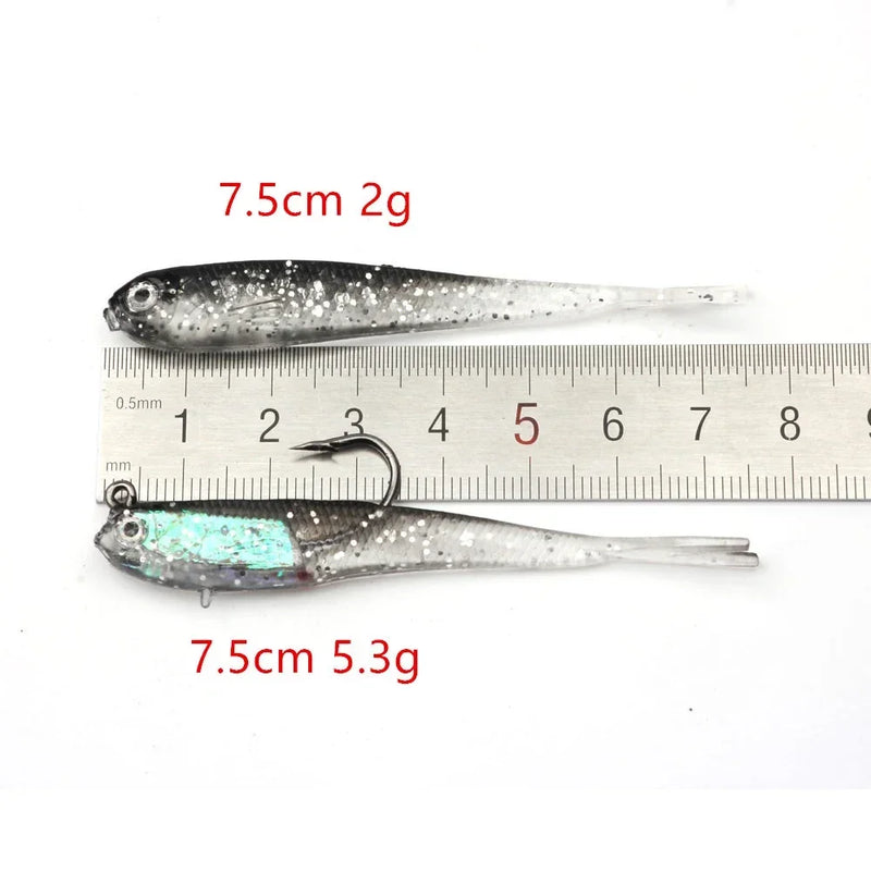 5 pçs isca macia 7cm/6g cauda dividida chumbo peixe swimbaits com ganchos silicone artificial isca de pesca para água salgada