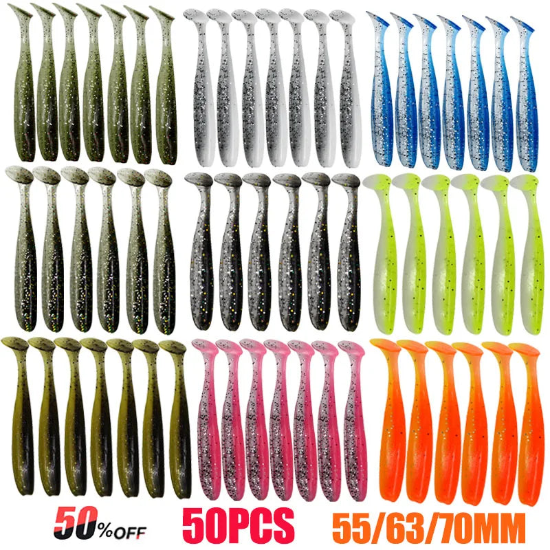 10-50 pçs 70mm isca de pesca macia artificial silicone truta shad carpa minhoca afundando isca t cauda jigging wobbler isca de pesca enfrentar