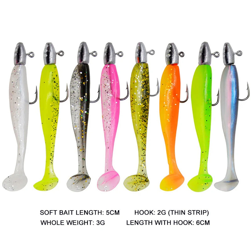 5 pçs/lote t-tail isca de pesca macia combinada com ganchos de cabeça de gabarito wobblers artificiais swimbait equipamentos de pesca para baixo pique pesca