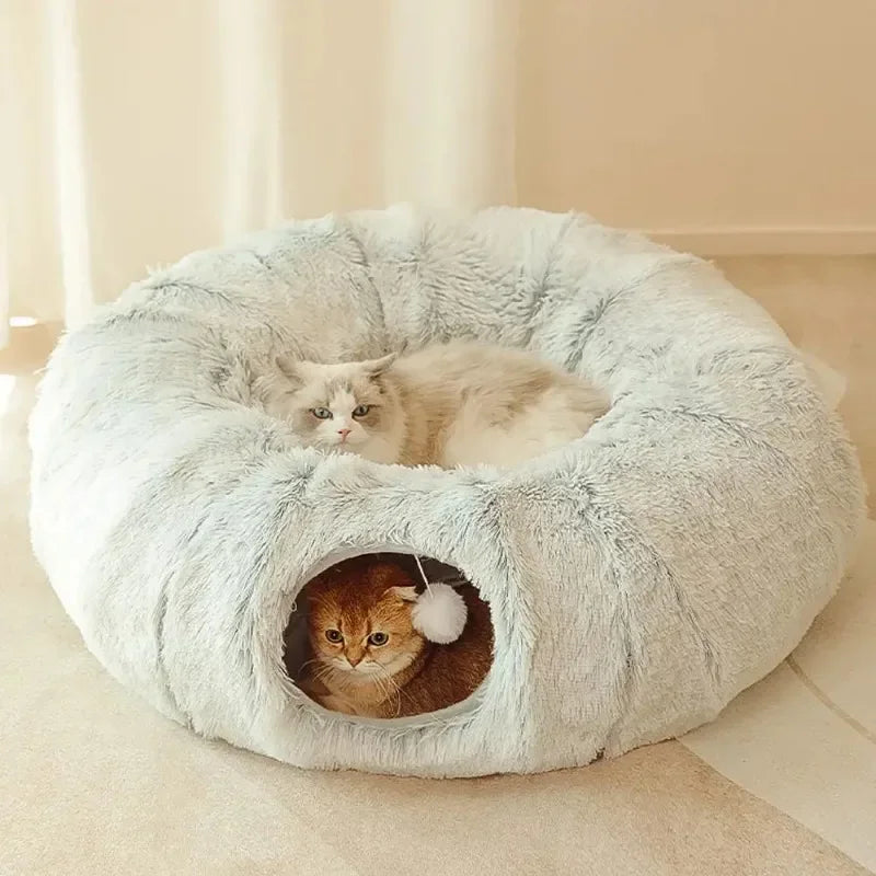 Cama de gato de pelúcia com túnel para gatos internos Cama de túnel de gato multifuncional com olho mágico Cama de gato de rosquinha fofa com túnel
