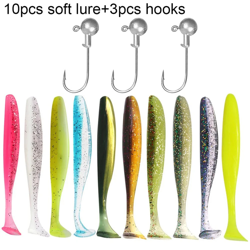 10 pçs isca macia 5.5cm 7cm 10cm t cauda worm 3 pçs jigging cabeça gancho 3g 5g 10g metal gabarito carpa pesca swimbait engrenagem kit isca
