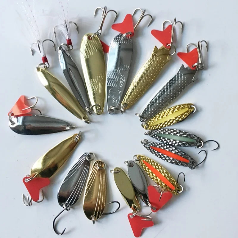 Kit de isca de pesca, 16 peças, conjunto de isca de pesca, colher de metal para baixo, pique, manivela, acessórios com caixa, kit wobblers