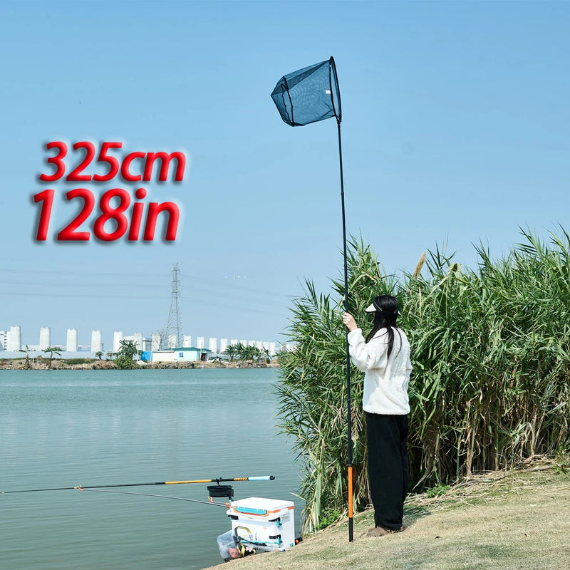 Marca MBLN, comprimento total de 370 cm/128 polegadas, ultraleve 414g, rede de pouso de pesca portátil, rede telescópica de fibra de carbono, cabeça de rede de liga