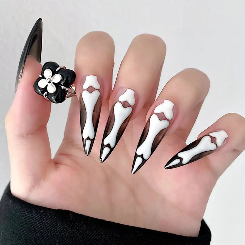 Unhas Postiças Góticas Wearable, Boneca Do Amor Rosa, Projetos De Esqueleto, Unhas Postiças, Pressione, Manicure De Cobertura Completa, Ponta De Unha, 24Pcs