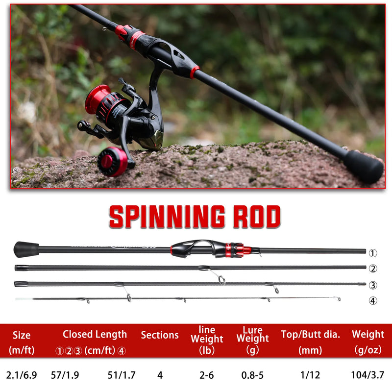 Sougayilang-Casting Spinning Fishing Rod, Ultraleve Carbon Fiber Rod, Pole 4 Seção com EVA Handle, Isca Peso 0.8-5g, 2.1m