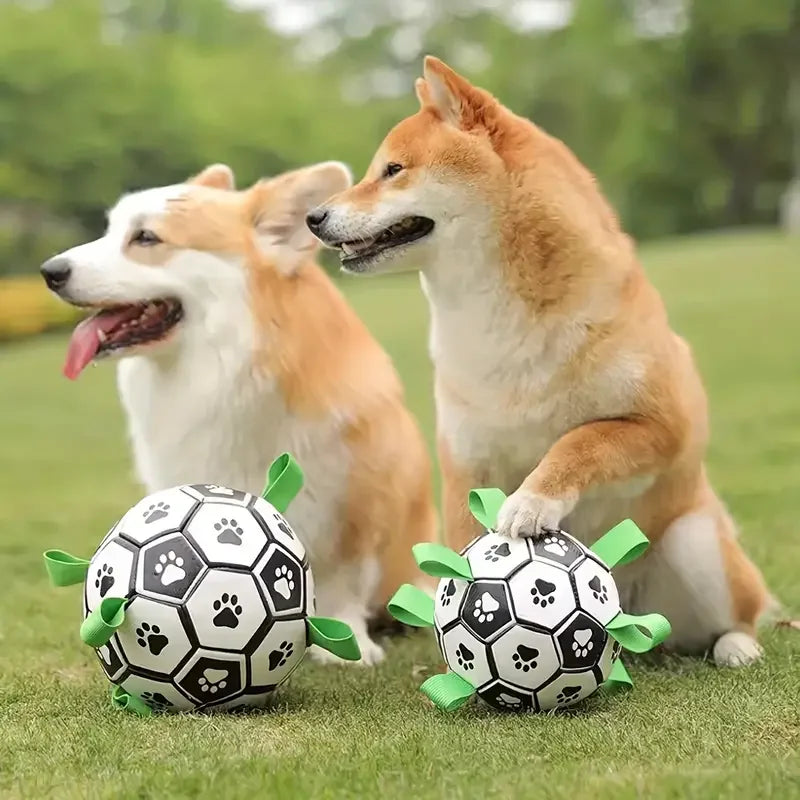 1pc durável design de futebol brinquedo para animais de estimação com alças cão mascar bola brinquedo para treinamento jogando limpeza dos dentes, paixão interativa animal de estimação
