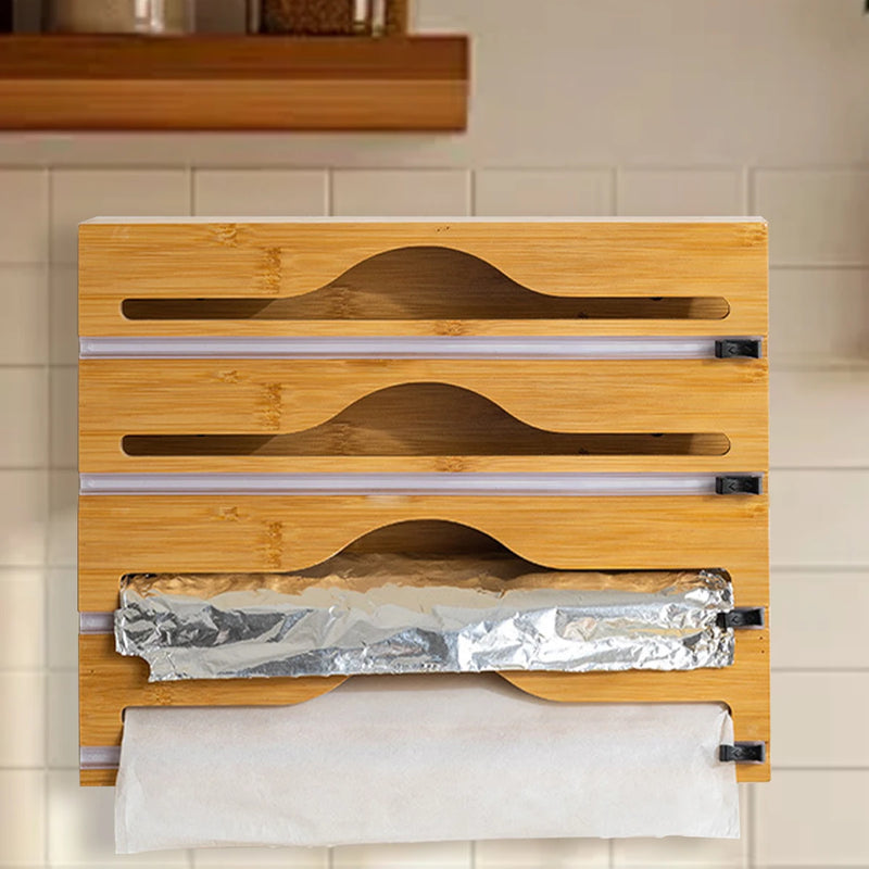 1pc dispensador de papel de cozinha com folha & caixa de cortador de filme aderente, suporte de corte de saco fresco de bambu, saco de lixo e saco de plástico de madeira st