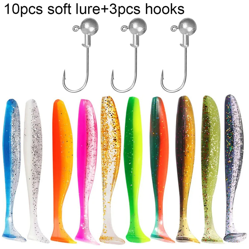 10 pçs isca macia 5.5cm 7cm 10cm t cauda worm 3 pçs jigging cabeça gancho 3g 5g 10g metal gabarito carpa pesca swimbait engrenagem kit isca