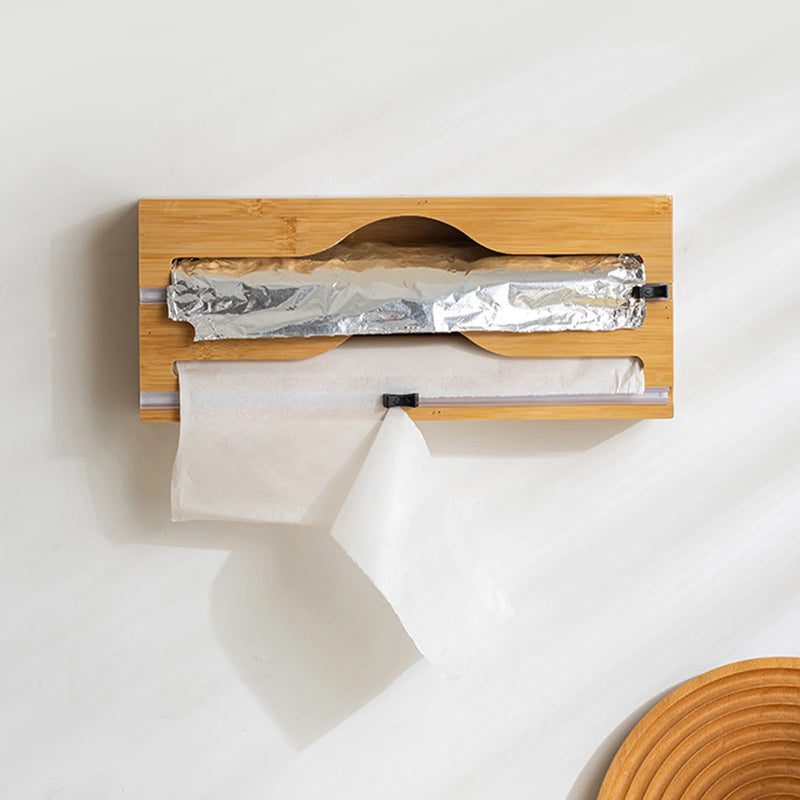 1pc dispensador de papel de cozinha com folha & caixa de cortador de filme aderente, suporte de corte de saco fresco de bambu, saco de lixo e saco de plástico de madeira st