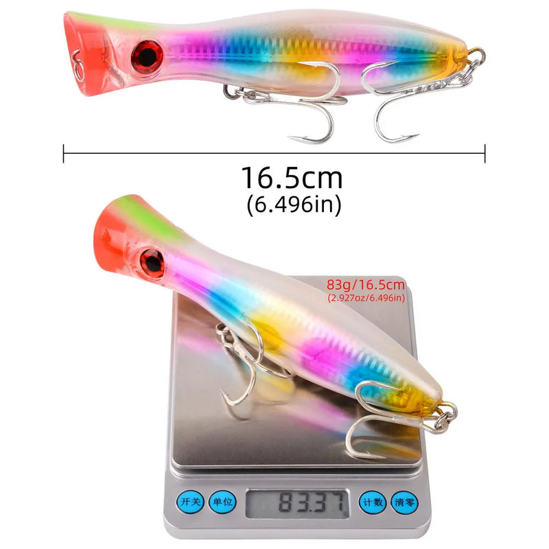 1pc 41g/83g grande popper flutuante wobbler iscas de pesca, topwater corrico artificial plástico duro isca, equipamento de pesca