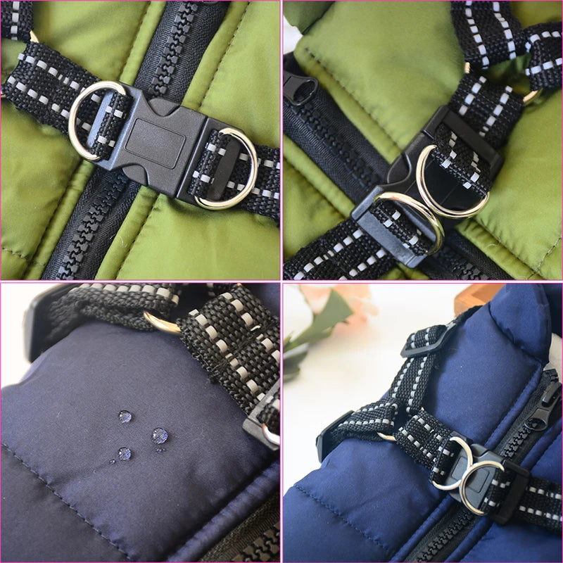 Impermeável Pet Dog Jacket com arnês, Roupas quentes de inverno para Labrador, Casaco Pequeno, Chihuahua French Bulldog Outfits