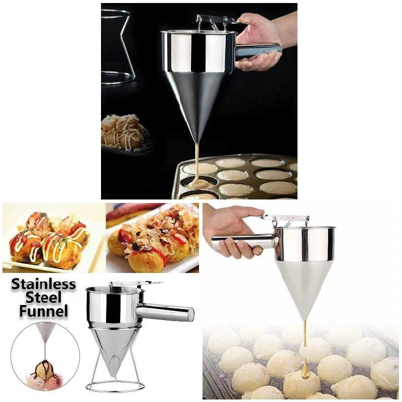 Ferramentas de cozimento takoyaki dispensador de funil de aço inoxidável com suporte polvo bolas massa padeiro ferramenta cozinha acessórios