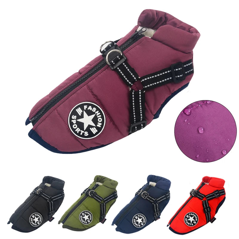 Impermeável Pet Dog Jacket com arnês, Roupas quentes de inverno para Labrador, Casaco Pequeno, Chihuahua French Bulldog Outfits