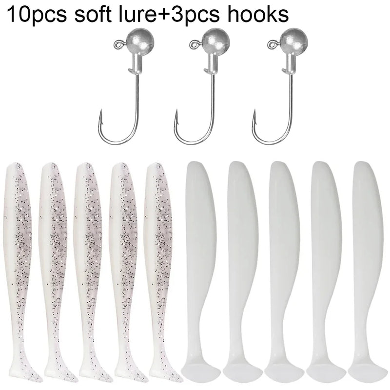 10 pçs isca macia 5.5cm 7cm 10cm t cauda worm 3 pçs jigging cabeça gancho 3g 5g 10g metal gabarito carpa pesca swimbait engrenagem kit isca