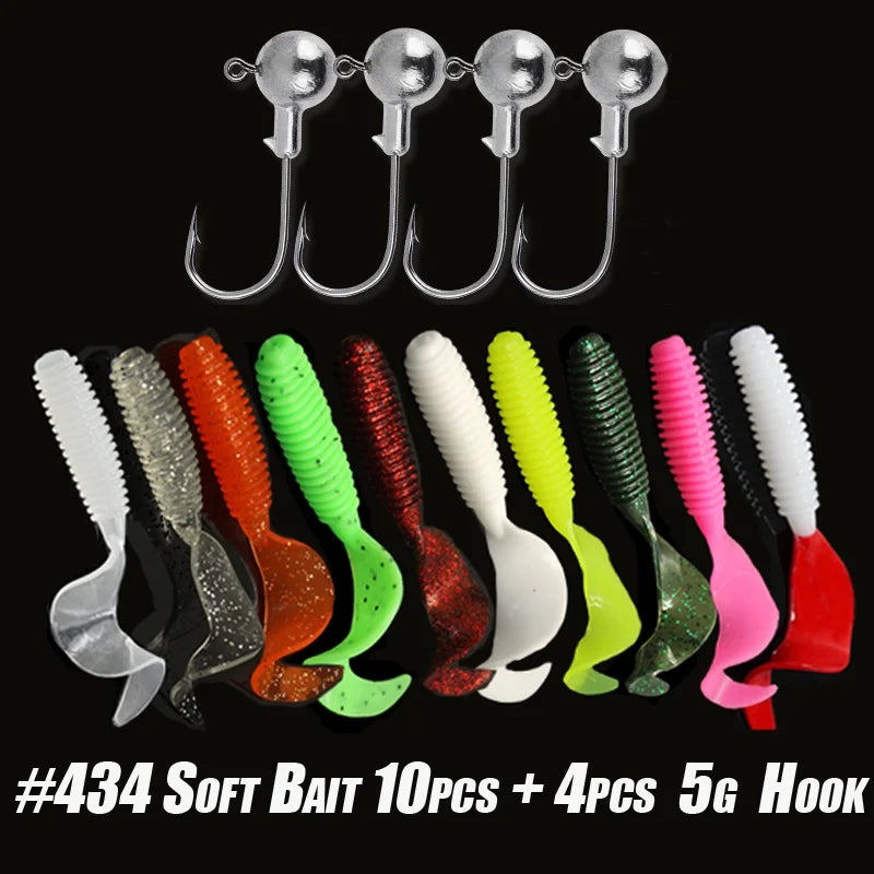 10pcs/30pcs Kit de iscas de pesca macias Conjunto de isca de silicone Verme de isca artificial com gancho de cabeça de gabarito de manivela