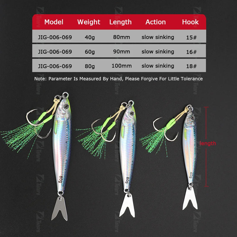Tolu 2024 novo 3d impresso rápido afundando metal gabarito isca 20g 30g 40g 60g 80g água salgada costa fundição isca de pesca vertical metal gabarito