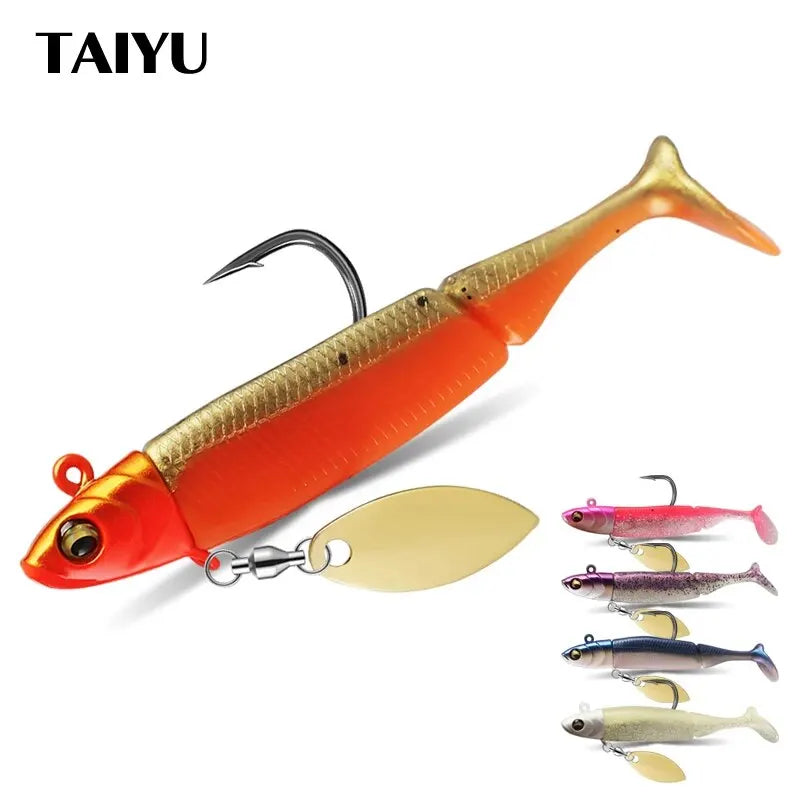 Taiyu gabarito cabeça iscas de pesca macias 21g t-tail silicone isca wobblers metal spinner colher isca para pique truta baixo equipamento de pesca