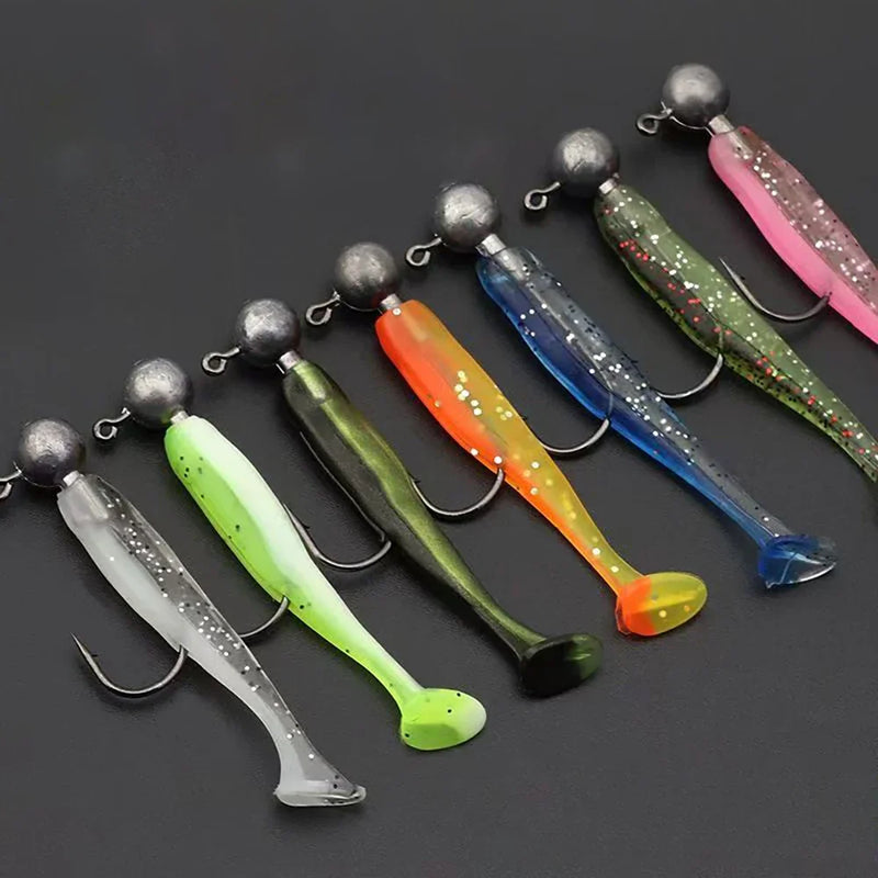 10 pçs isca macia 5.5cm 7cm 10cm t cauda worm 3 pçs jigging cabeça gancho 3g 5g 10g metal gabarito carpa pesca swimbait engrenagem kit isca
