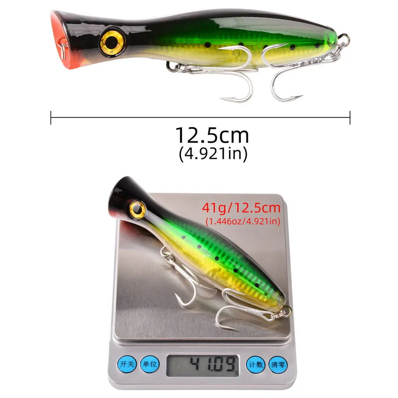 1pc 41g/83g grande popper flutuante wobbler iscas de pesca, topwater corrico artificial plástico duro isca, equipamento de pesca