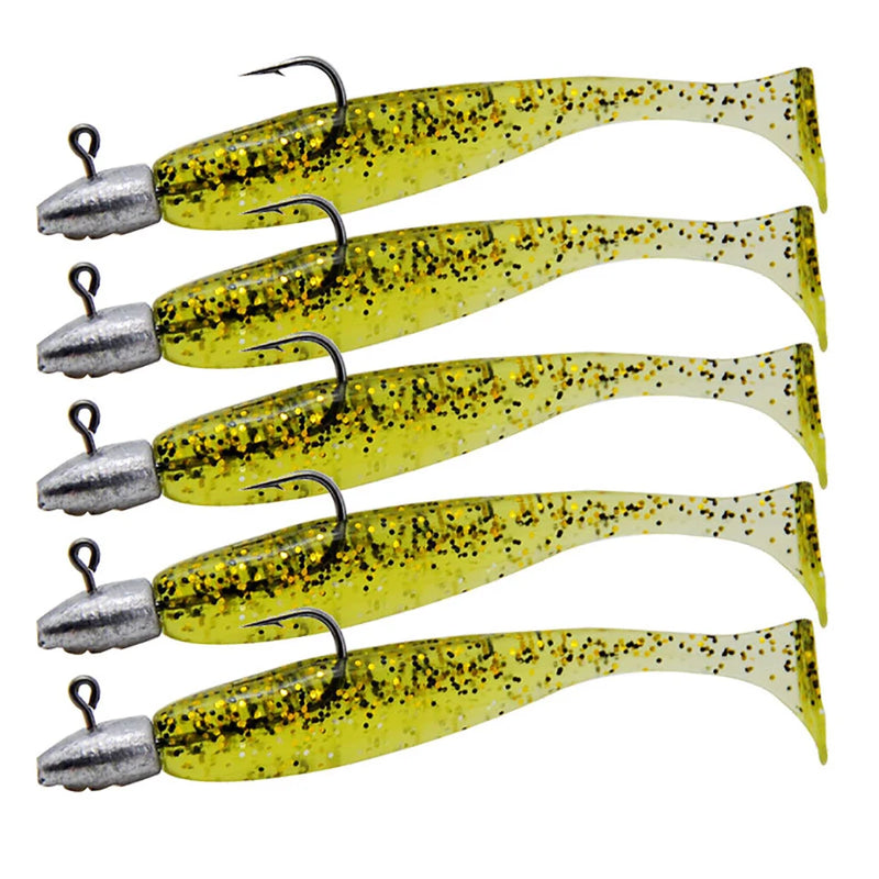 5 pçs/lote t-tail isca de pesca macia combinada com ganchos de cabeça de gabarito wobblers artificiais swimbait equipamentos de pesca para baixo pique pesca