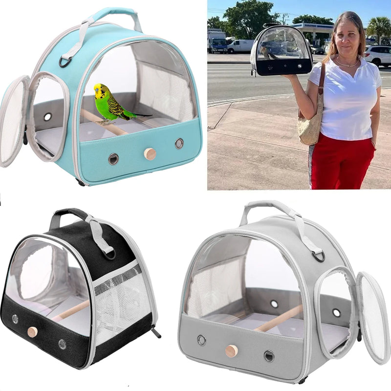 Transportador de viagem para pássaros, portátil, pequeno, papagaio, periquito, com poleiro de pé e tapete macio, janela de acesso lateral dobrável