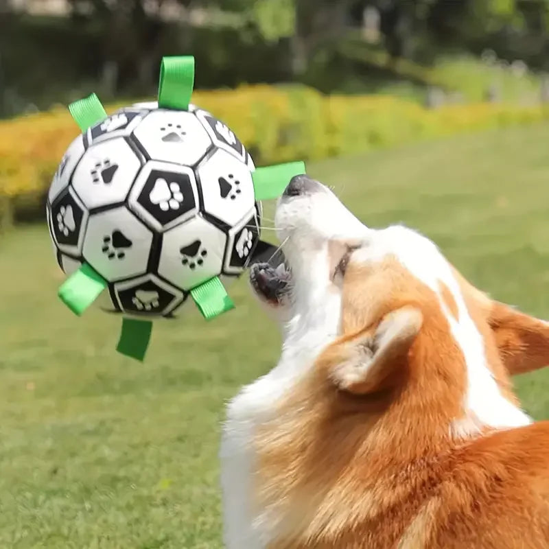 1pc durável design de futebol brinquedo para animais de estimação com alças cão mascar bola brinquedo para treinamento jogando limpeza dos dentes, paixão interativa animal de estimação