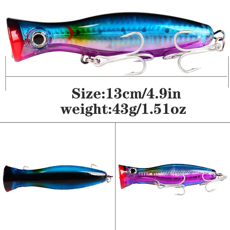 Proberos isca de pesca popper, 1 peça, 13cm, 43g, isca artificial dura com 2 ganchos agudos, iscas de pesca de carpa, wobbler, isca luu