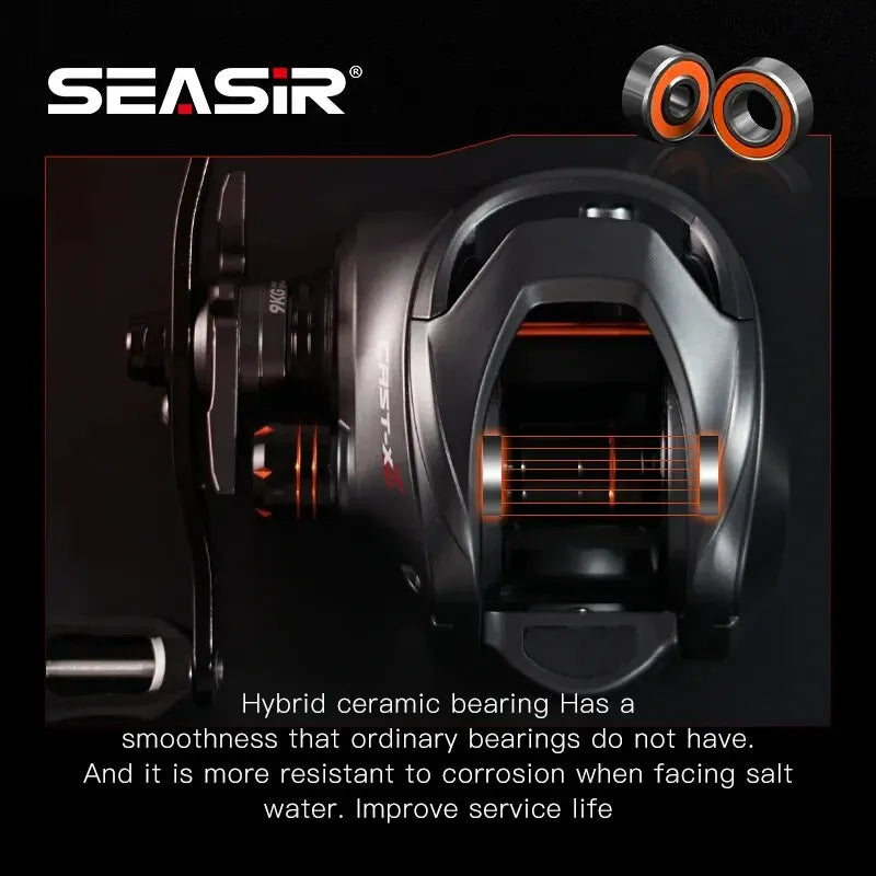 SEASIR Cast X2 Baitcasting Reel 7.3:1 Rolamento cerâmico híbrido Arruela de fibra de carbono Sistema de rolamento duplo N52 Freio Carretilhas de pesca