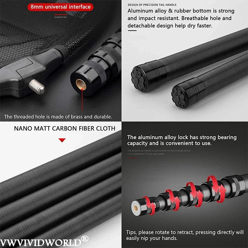 Marca VWVIVIDWORLD, 1,8-3,45 m, rede de pesca portátil de carbono, terra de pesca, rede de mão, pólo telescópico dobrável, vara de pesca